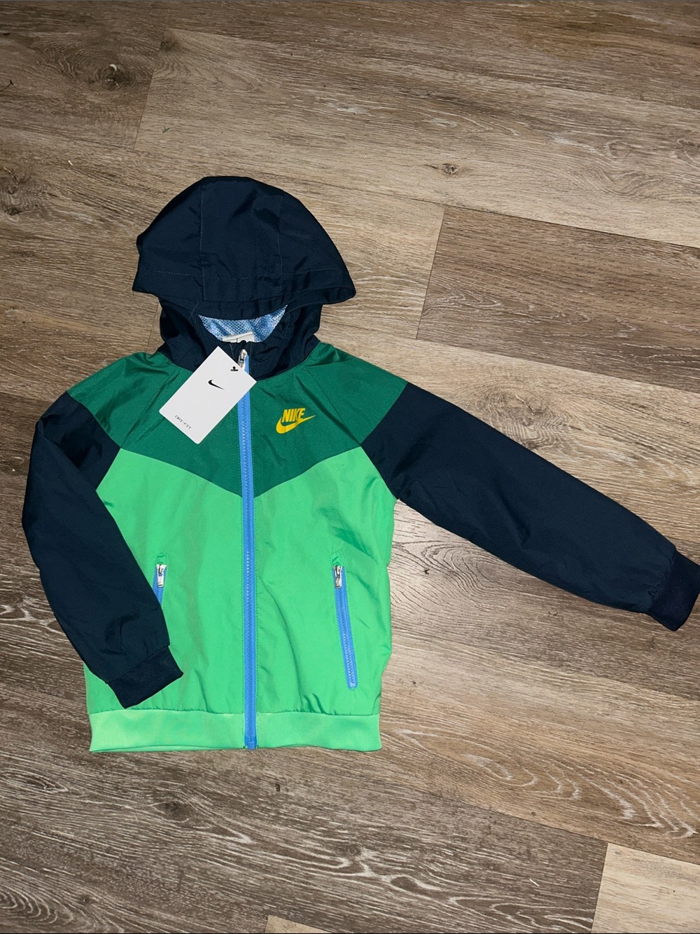 NEW Nike Green & Navy Hooded Kids Windbreaker with Yellow Logo